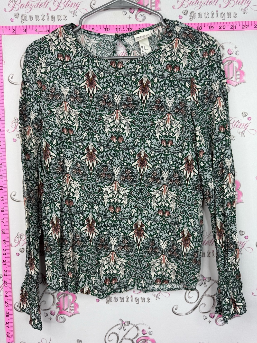 H&M shirt blouse paisley Green Floral-Print Long Sleeve Top